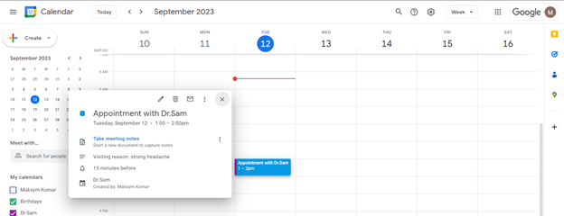 The appointment on Google Calendar